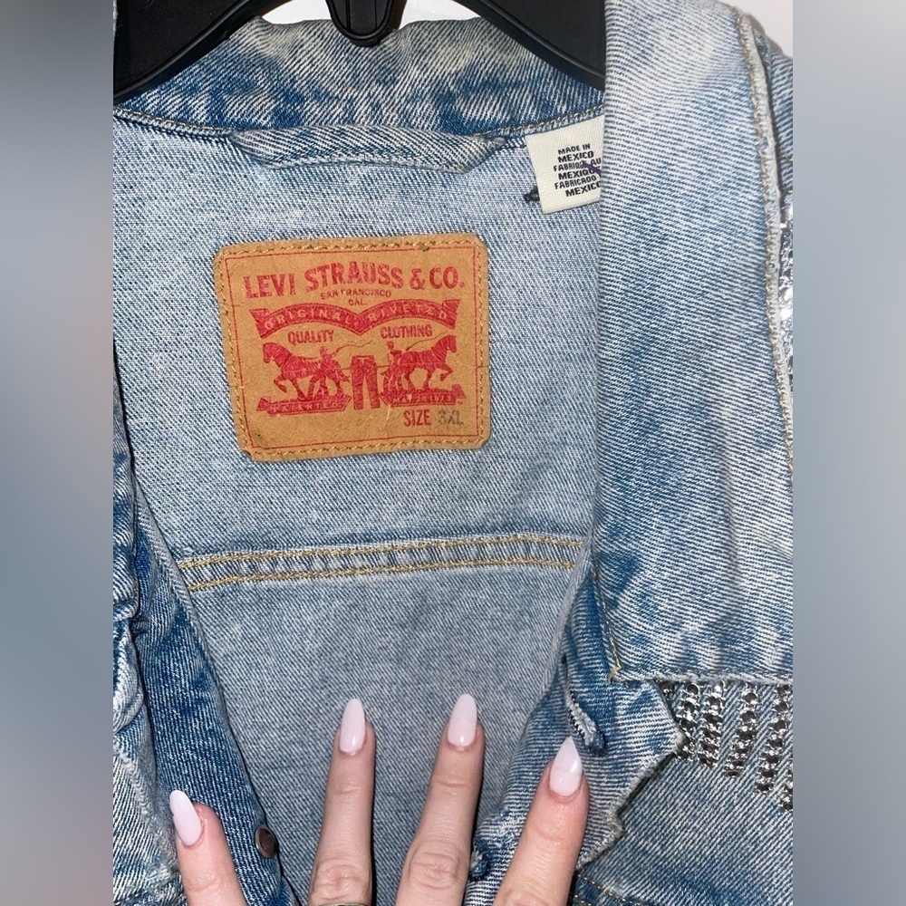 LEVIS Western rhinestone fringe trucker denim jean jacket 🪩 3XL Festival - Picture 6 of 14